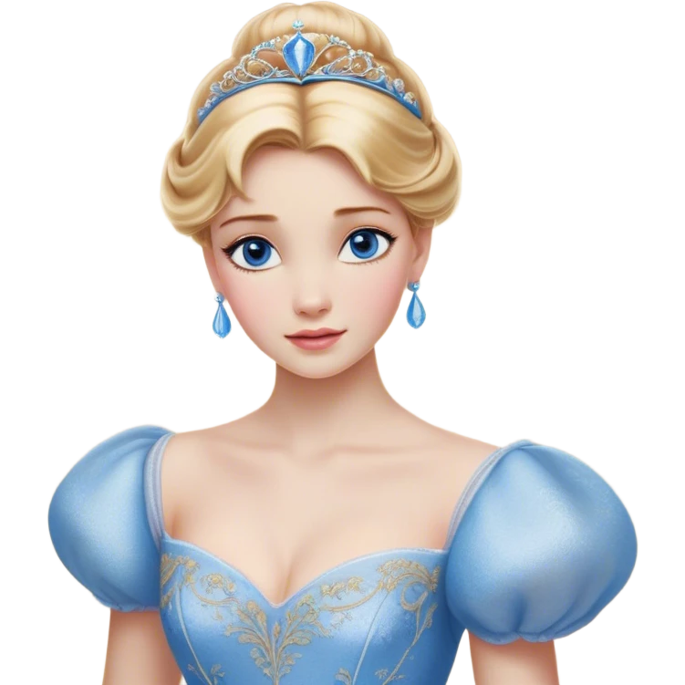 Cinematic Realistic Cinderella Portrait, depicted with lifelike skin texture, subtle rosy undertones, and soft natural lighting that enhances the gentle contours of her face. Her intricately detailed golden blonde hair is elegantly styled in an updo, with delicate wisps framing her face for added realism. Her deep, expressive blue eyes radiate warmth and sincerity, reflecting a quiet resilience and grace. She is dressed in her iconic ball gown, the fabric shimmering with intricate embroidery and fine translucent layers that catch the light beautifully. The soft sheen of satin gloves and the delicate sparkle of a glass-like slipper peeking from beneath her dress add a touch of magical realism. The portrait features an enchanting glow with a natural, luminous finish, seamlessly blending realism and fairytale charm to evoke a sense of depth, elegance, and timeless beauty. emoji