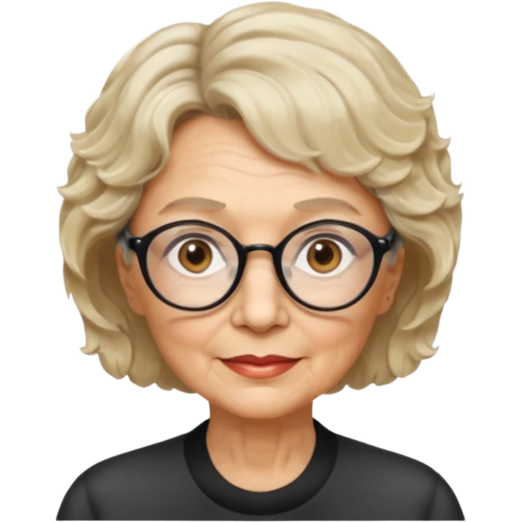 woman 70 years old, very short blonde weavy hair, brown eyes and round dark glasses emoji