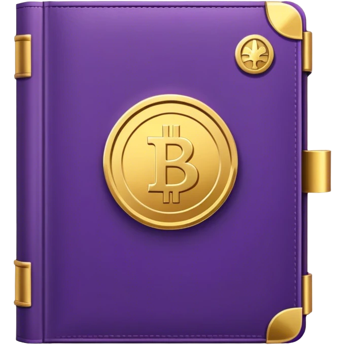 A royal purple book with gold details, a sleek, firm texture, and a symbol of a gold coin, a bank, or a split path, radiating financial wisdom, abundance, and the power of financial education.  emoji