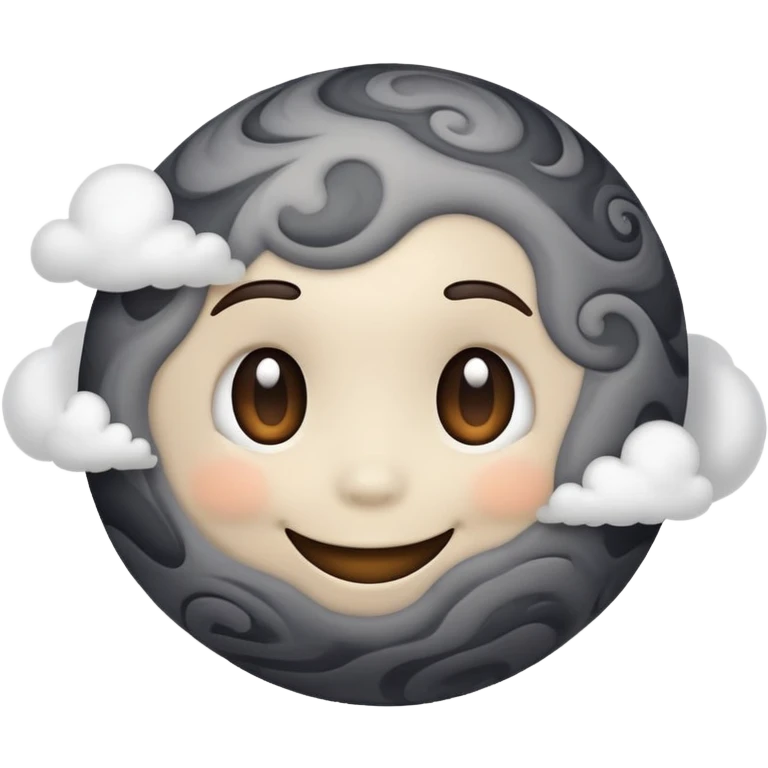 dark gray planet with smoky swirls and clouds with a cute smiling face emoji