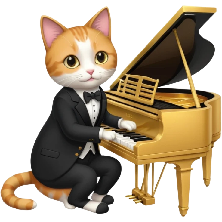 calico cat play gold piano, wear black suit, portrait emoji