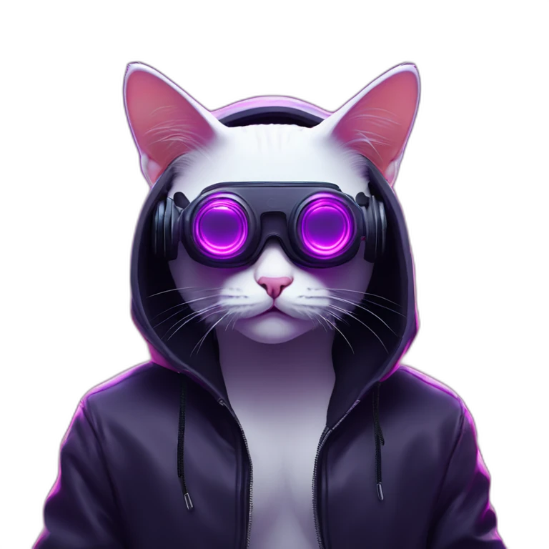 Russian cat wearing a black hoodie with "OMG" letters on it and VR headset in a cyberpunk VR environment with violet neon lighting. emoji