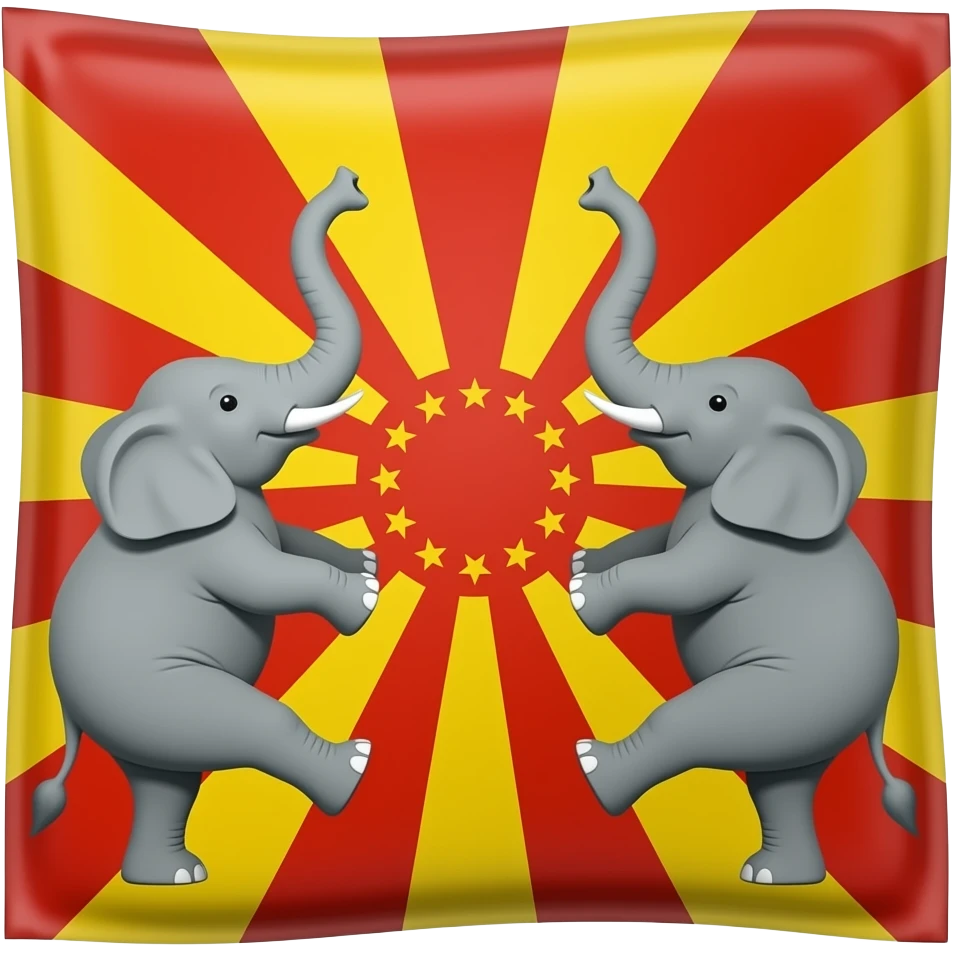 Flat emoji vector flag, square: red–yellow–red stripes; center red circle with radial floral lines + star ring; mirrored gray elephants inward, raised leg, curved trunk, white tusks; simple, bold, no gradients/shadows. emoji