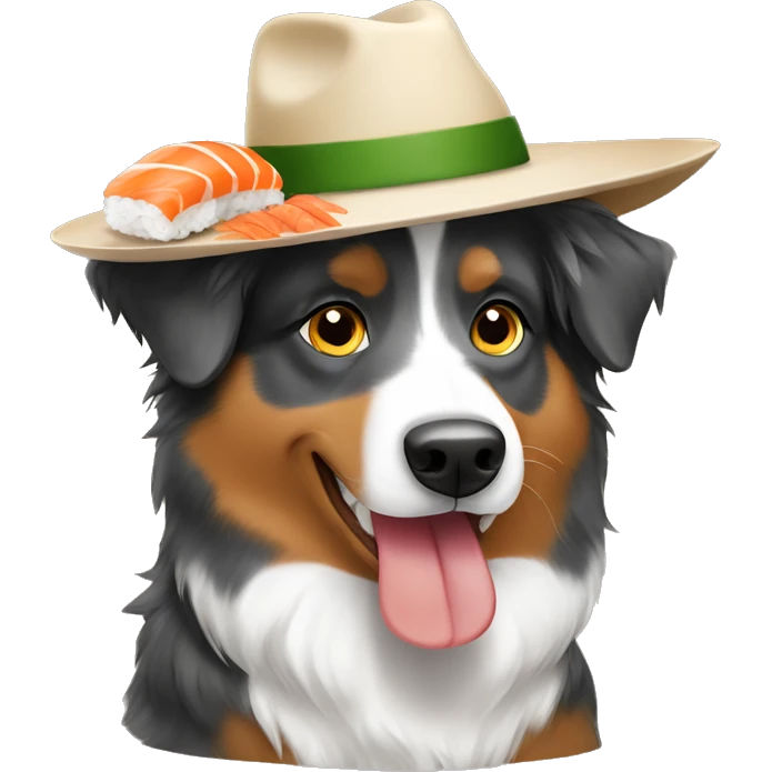 Australian shepherd eating sushi wearing a hat emoji
