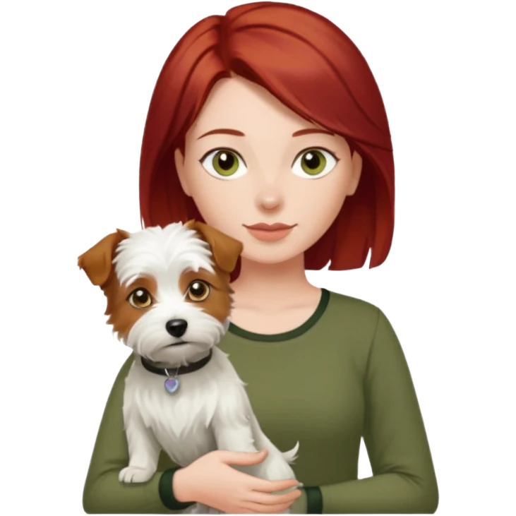 Westie dog being held by woman with dark shoulder length red hair and hazel eye wearing olive green top emoji