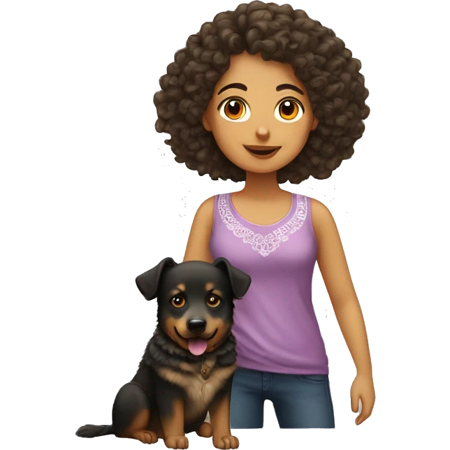 Mexican girl with curly hair and a dog who’s beside her a German Sheperd emoji