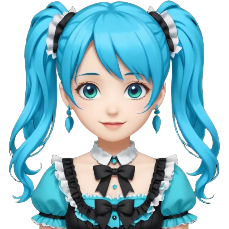 anime-style female character with bright turquoise hair styled in twin tails and matching blue eyes. Her outfit is a frilly turquoise and black dress in a Lolita-esque style, heavily contrasted with black ribbons and trim. A key detail is the"AWP" logo printed in black on the chest. happy variant emoji