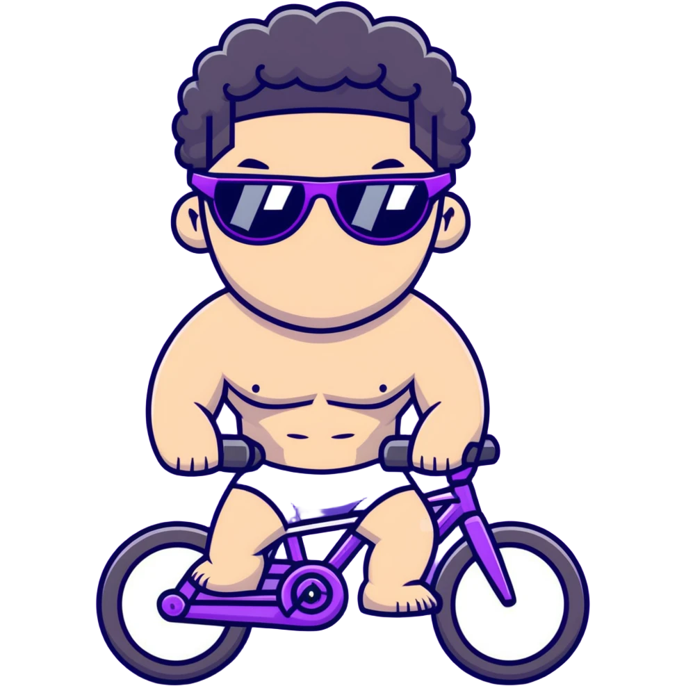 shirtless male athlete with white skin and moderately curly black hair on top with shaved sides, wearing purple bike sunglasses with black tinted lenses emoji