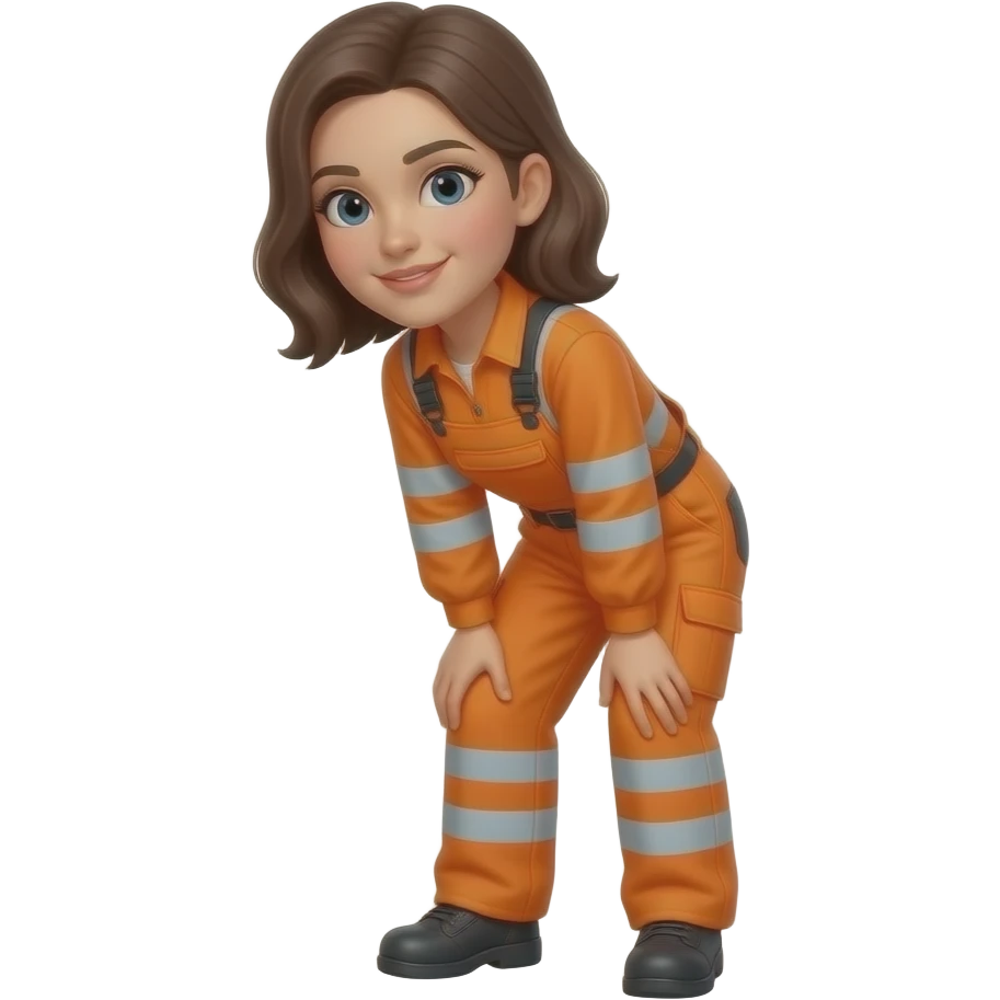 woman, slightly bending, in full orange hi-vis overalls with sleeves, emoji