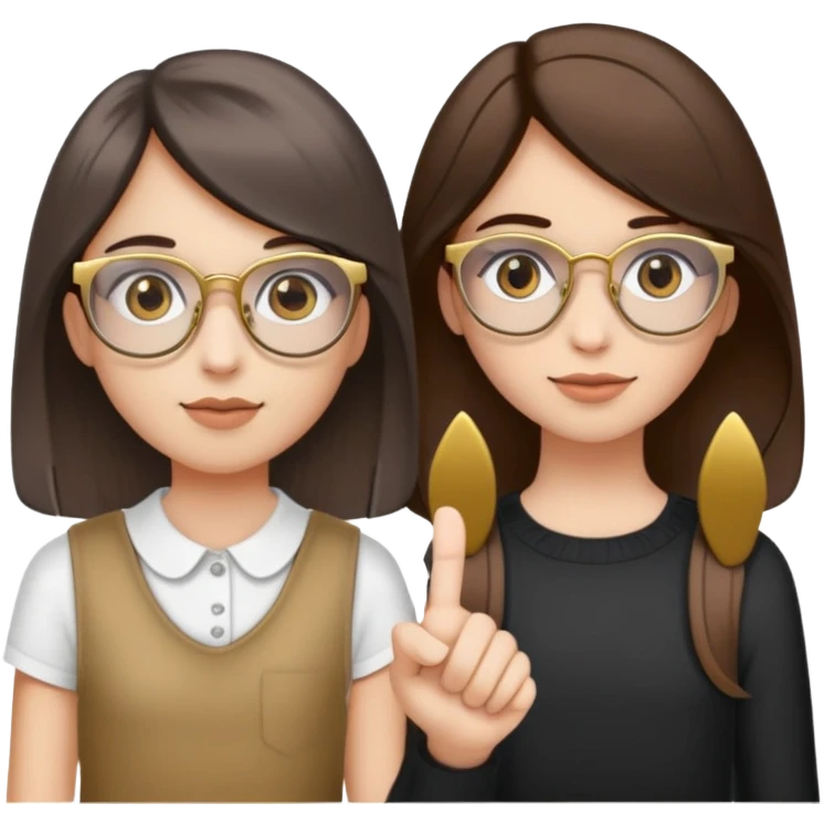 A girl with grey eyes, with medium hair and bleached in her brown hair holds the hand of another girl with longer dark brown hair , she wears gold glasses and both have braces emoji