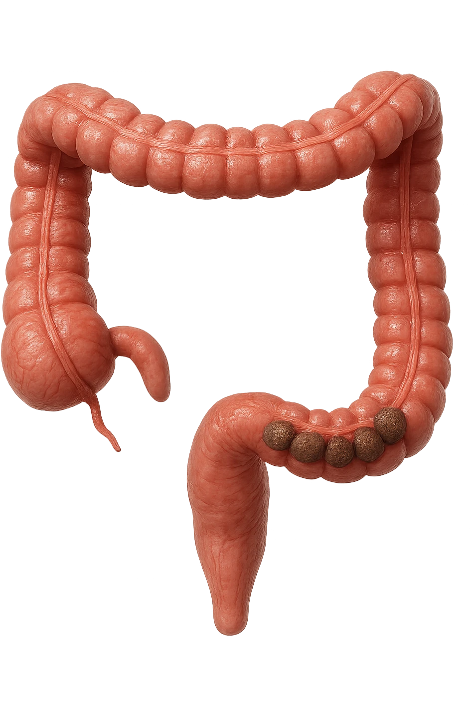 intestino umano anatomico, iperrealistico 4k, con feci a palline emoji