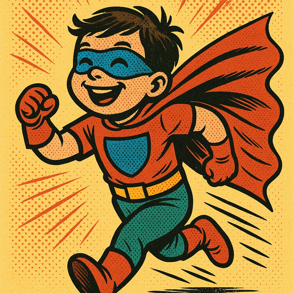 child hero, imaginative costume, joyful expression, comic book style emoji