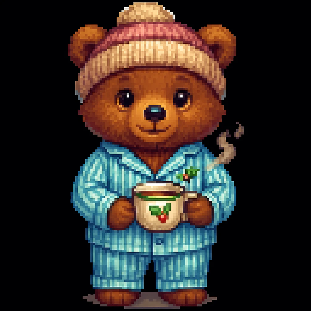 A bear in pajamas, pixel art style, holding a cup of tea, with a hat emoji