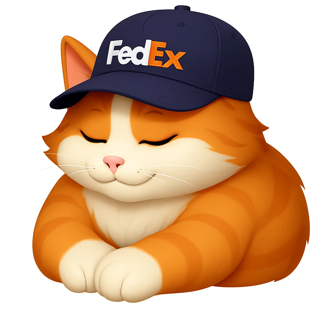 sleeping cat emoji with a FedEx uniform cap in a different pose emoji