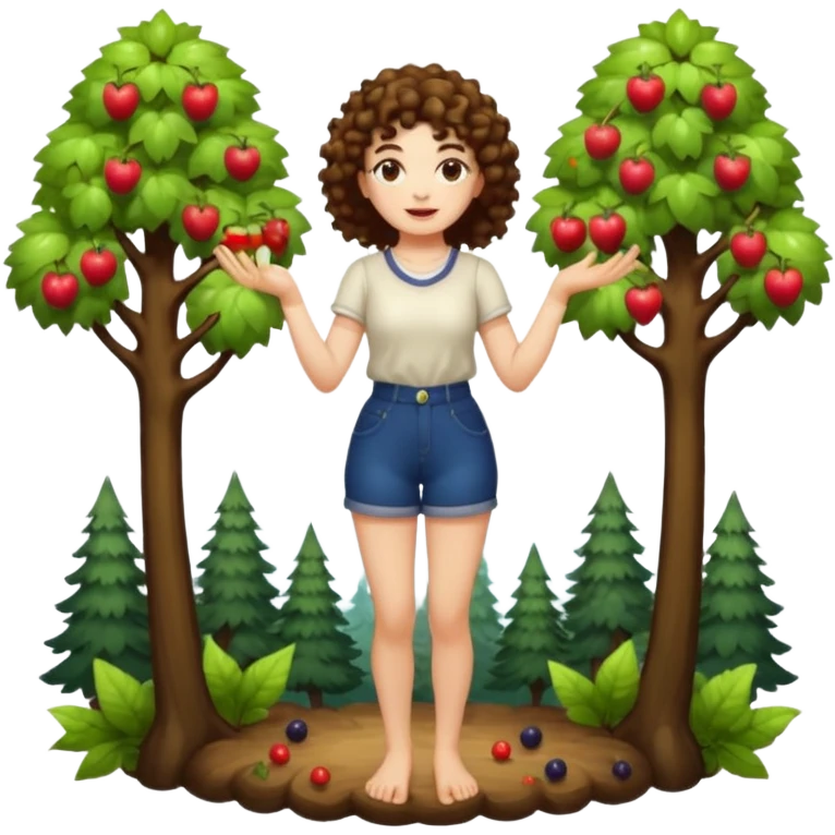 full body woman short curly brown mullet hair brown eyes white skin juggling glowing forest fruits emoji