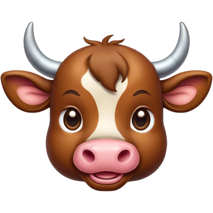 Cinematic Cute Brown Bull Portrait Emoji, Head tilted playfully and inquisitively, featuring a glossy, robust brown hide with a natural sheen, round, sparkling dark eyes filled with gentle curiosity, Simplified yet irresistibly adorable features, highly detailed, glowing with a warm, friendly glow, high shine, affectionate and imposing, stylized with a touch of rugged charm, bright and endearing, soft glowing outline, capturing the essence of a mischievous yet loving bull, so playful it feels like it could stomp out of the screen and into your arms! emoji