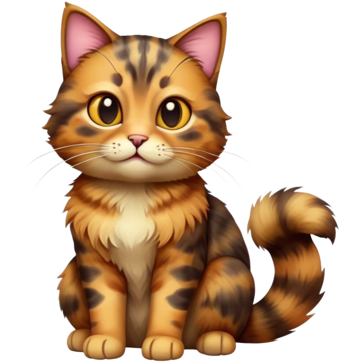 cinematic-[tortoiseshell tabby cat]-realistic-full-body-sitting-emoji,-tail-curled-playfully-around-its-paws,-head-tilted-dramatically,-scruffy-[tortoiseshell coloured]-fur,-simplified-yet-realistic-focused-features,-highly-detailed,-glowing-with-an-almost-sarcastic-glow emoji
