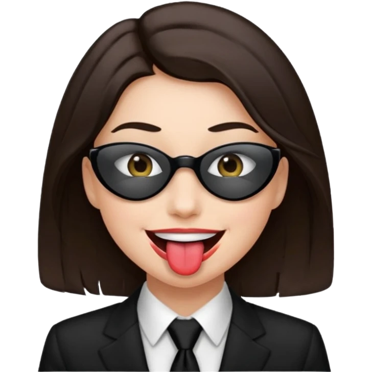 woman with dark brown hair wearing black tie over eyes with tongue out emoji