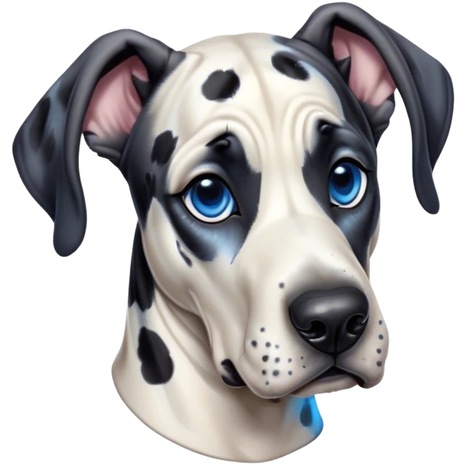 Cinematic Cute Harlequin Great Dane Portrait Emoji, Head tilted playfully and inquisitively, featuring a glossy coat of predominantly white with dynamic black patches, round, sparkling blue eyes filled with gentle curiosity, Simplified yet irresistibly adorable features, highly detailed, glowing with a warm, friendly glow, high shine, affectionate and gentle, stylized with a touch of whimsy, bright and endearing, soft glowing outline, capturing the essence of a mischievous yet loving pup, so playful it feels like it could lumber out of the screen and into your arms! emoji