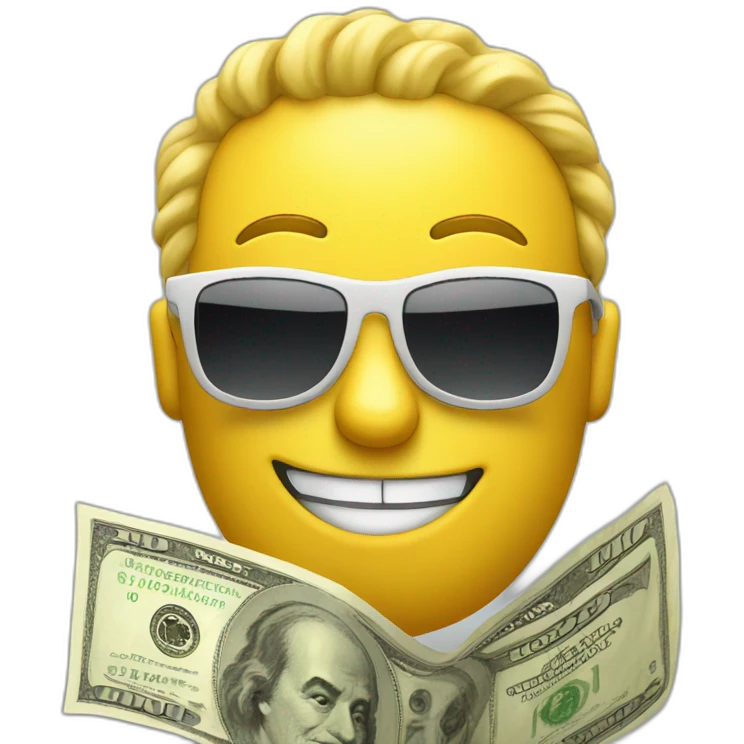 Yellow emoji with sunglasses and holding a 100 dollar bill  emoji