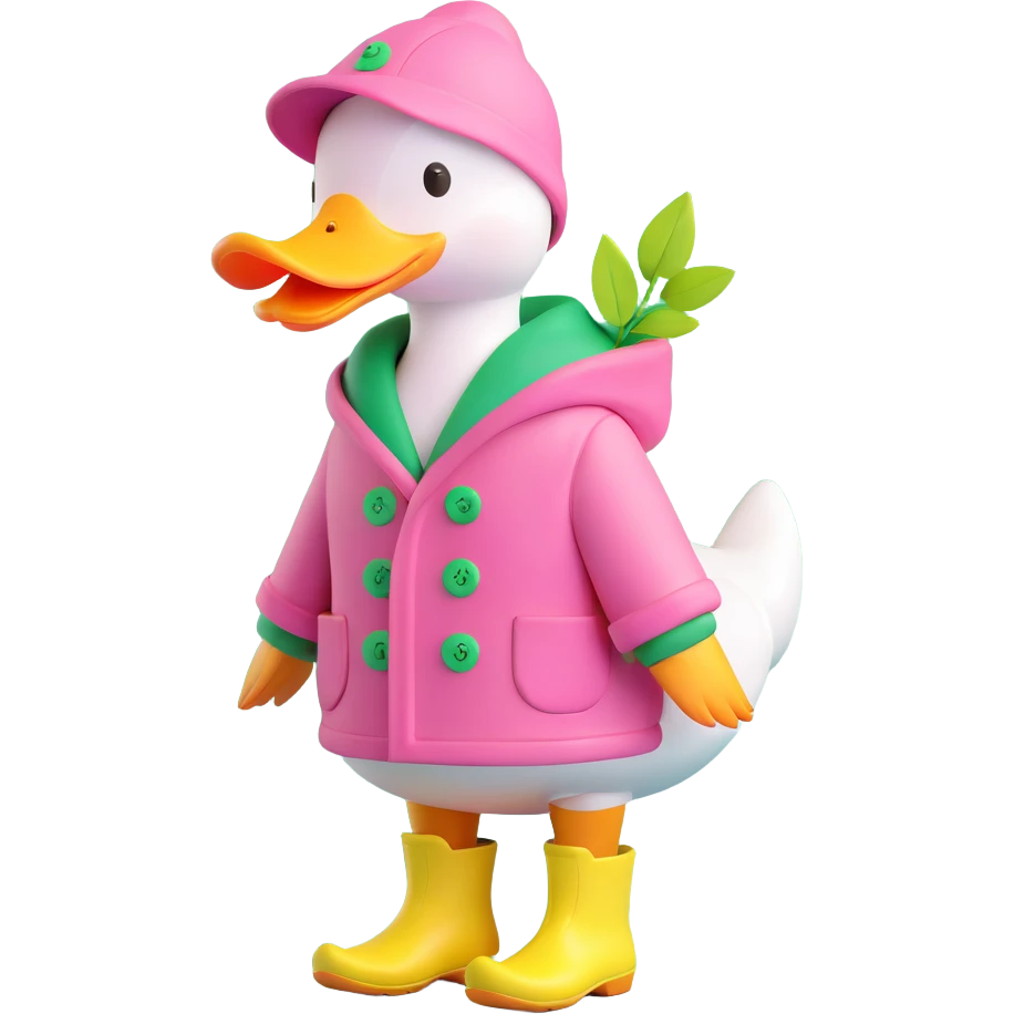 A duck wearing a pink hooded coat with green buttons and a green leaf on the chest, and yellow boots. The background is plain and light pink with pink hearts emoji