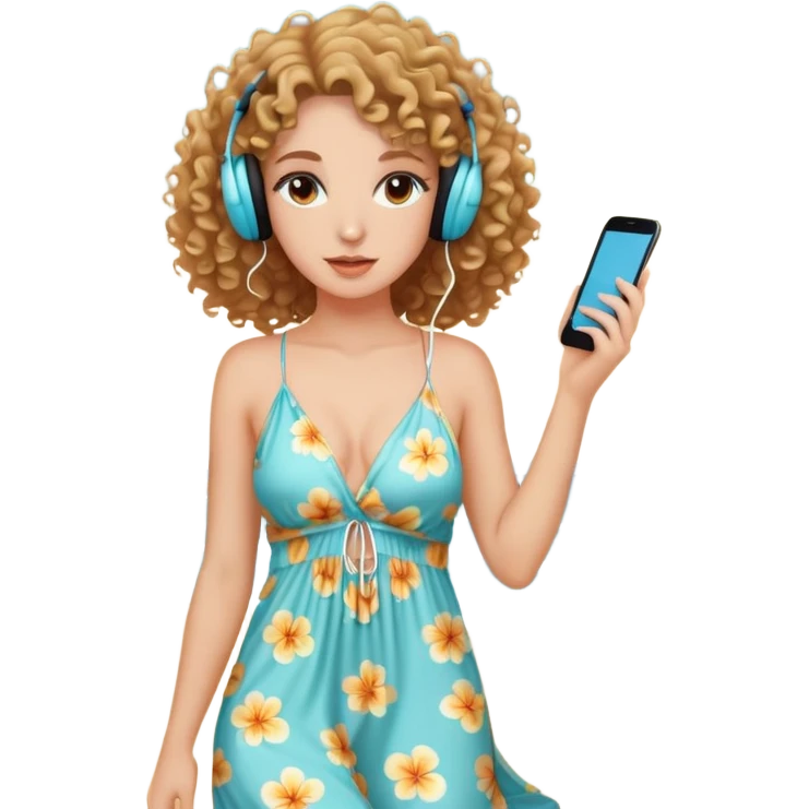 a woman with curly hair, wearing earphones, wearing a sexy beach dress emoji