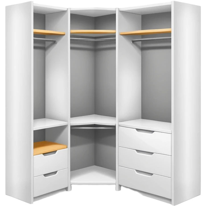 Glossy white PVC corner closet with L-shaped design, fitted into a sharp room corner. Clean, simple shelves and smooth panels with subtle shadows to show depth. Minimalist look with modern vibes, no handles or textures, emoji-style with bright highlights and soft gray edges to define structure. emoji