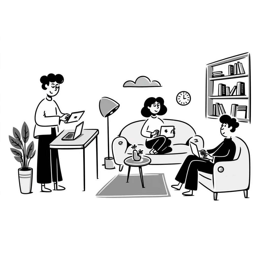 escenary 3d of a cozy mid-century living room with two people working on laptops, one man standing at a desk, and one woman sitting on a couch emoji