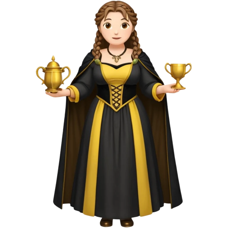 Helga Hufflepuff,brown-haired,2 braids,yellow-black medieval open dress,deep neckline,fat macromastia,black cloak decorated with gold braiding,gold cup with two handles,very kind smile,curvy busty sweet woman,round rosy cheeks,full length with medieval shoes emoji