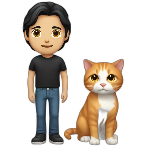 white man with shoulder length black hair holding a ginger cat emoji