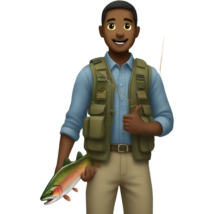 Use my people emoji of portrait of boy outside and make him fly fish for rainbow trout emoji