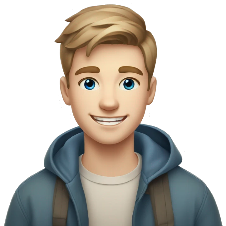 confident happy clean shaven pale teen boy with short light brown hair blue eyes outdoor portrait emoji