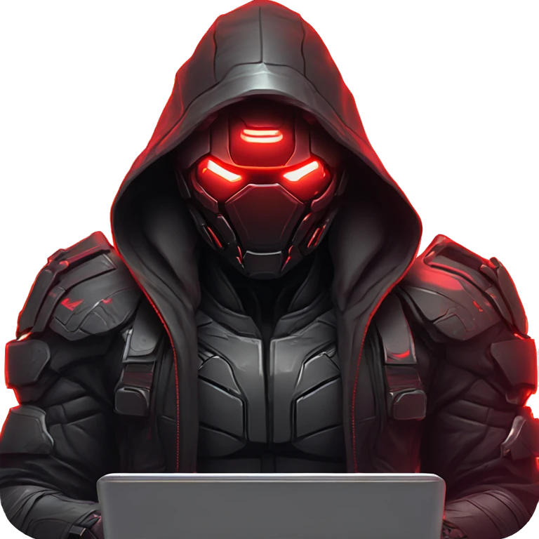 developer behind his laptop with this style : crysis Cyberpunk Valorant neon glowing bright red character dark red black hooded assassin themed character emoji