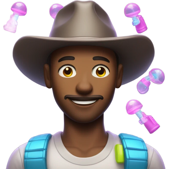 Fair skin Guy in glowing outfit and hat with bubble guns in each hand emoji