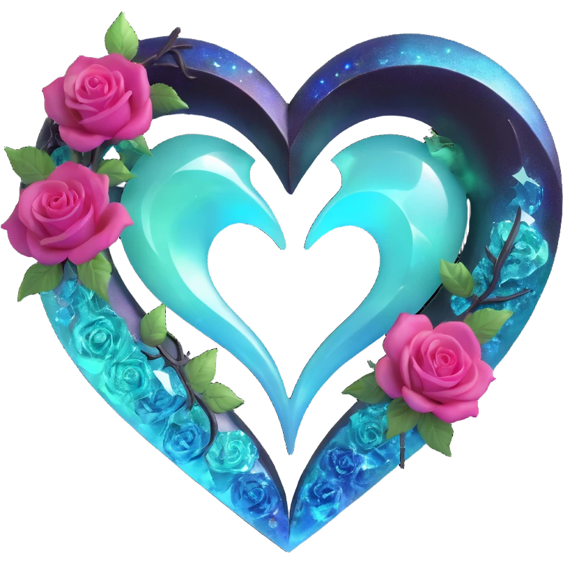 gothic heart made of aurora glass, silver crescent moon, gradient roses, holographic stardust, neon teal lightning, drenched and splintered glass emoji