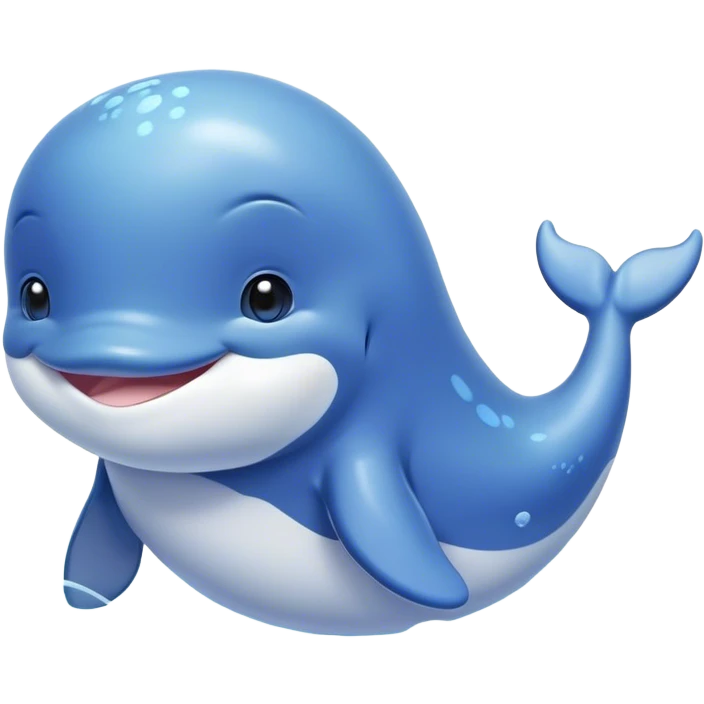 Cinematic happy baby whale, chubby rounded body, tiny smiling face, soft pastel blue hues, gentle glowing waves around, joyful and soothing. emoji