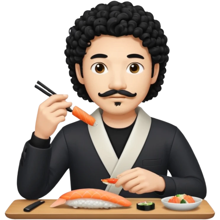 un coreano che taglia sushi con i baffetti capelli ricci e lunghi  neri con un IQOS in mano  emoji