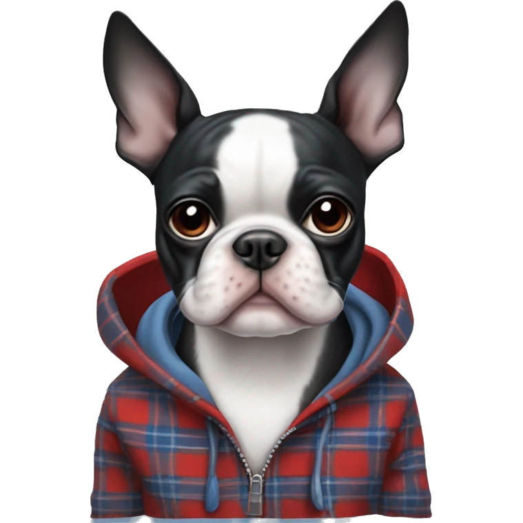 Boston terrier in a blue white red plaid hoodie ￼ emoji