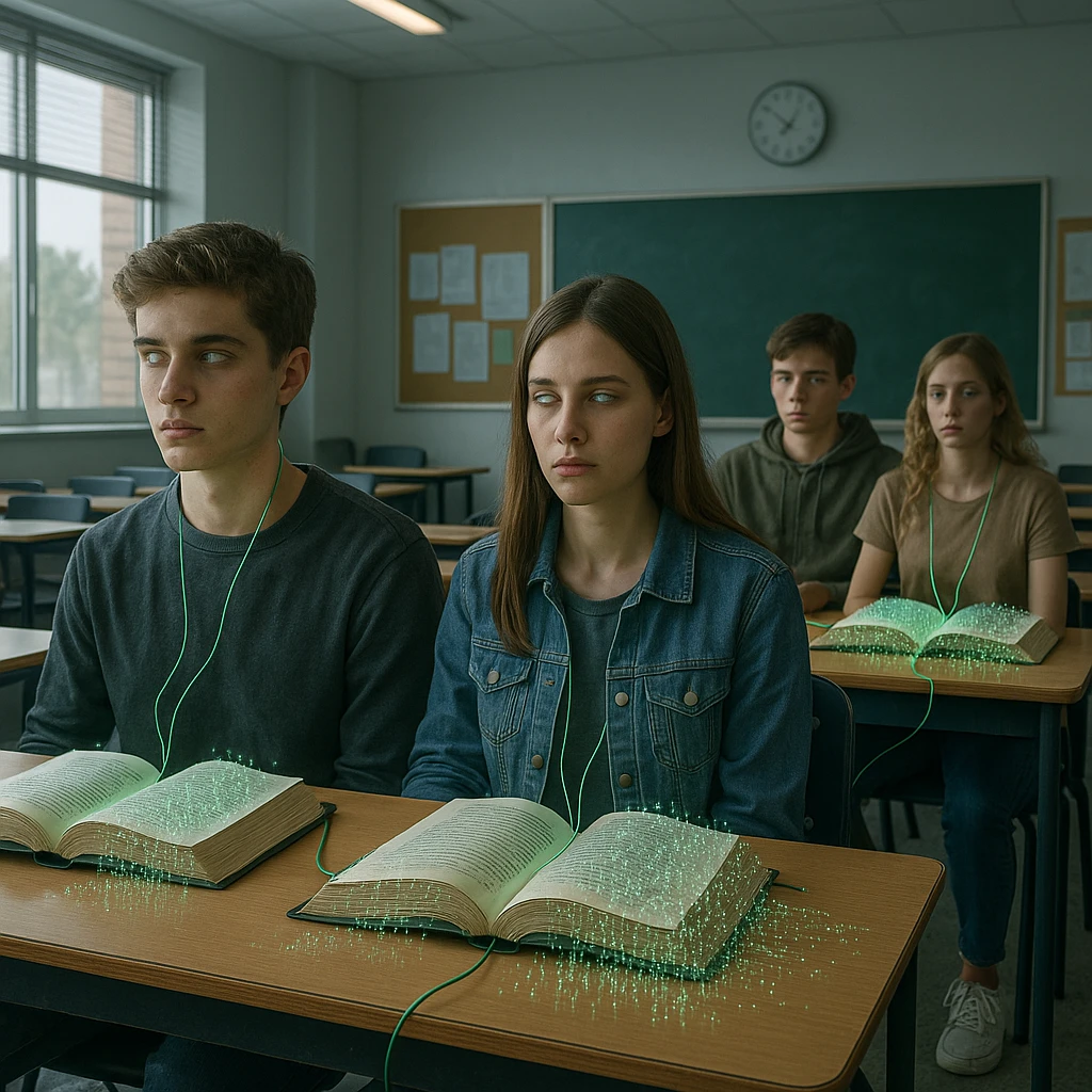 modern classroom, students with absent gaze and digital wires connected to books, pages dissolving into Matrix code, collective hypnosis atmosphere, realistic details, 4K quality emoji