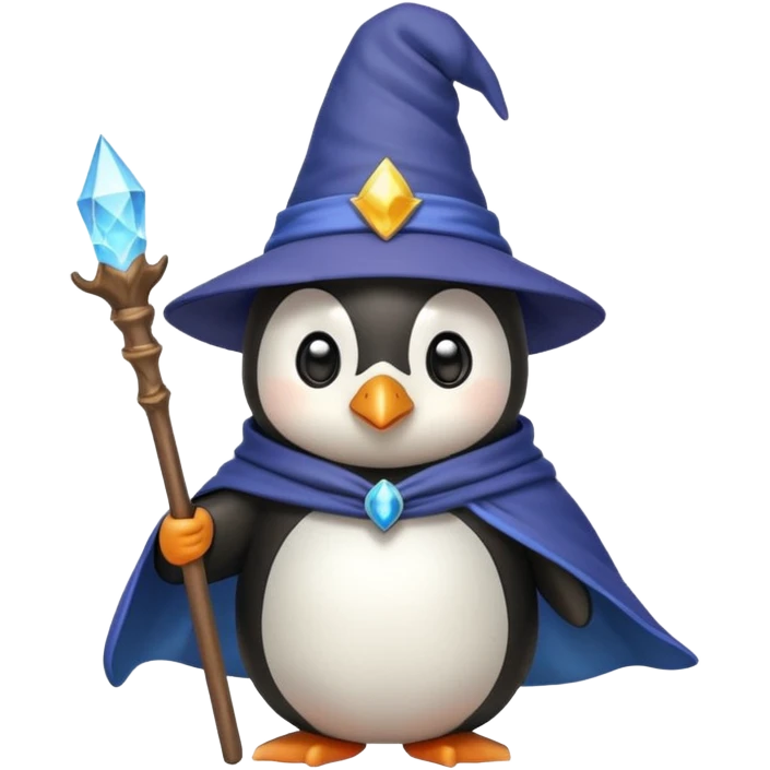 cute penguin holding a staff wearing a wizard cloak and hat, emoji style emoji