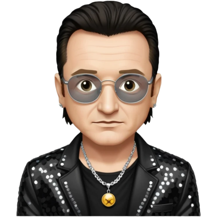 Bono from U2 with black sequin jacket, silver necklace emoji