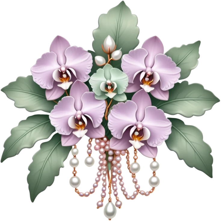 sage green and rose gold and pastel lilac and white embellished pearl baroque orchid flower bouquet emoji