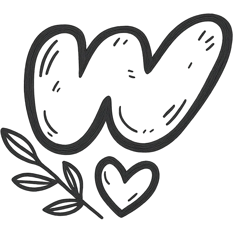 plump juicy Wattpad logo 'w' with bold outline, stylized shadows and highlights, leafy branch and heart at the base of the logo emoji