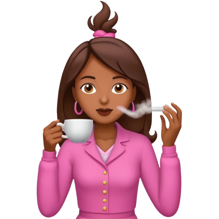 Mulher morena tomando café  com roupa rosa esfriando o café  emoji