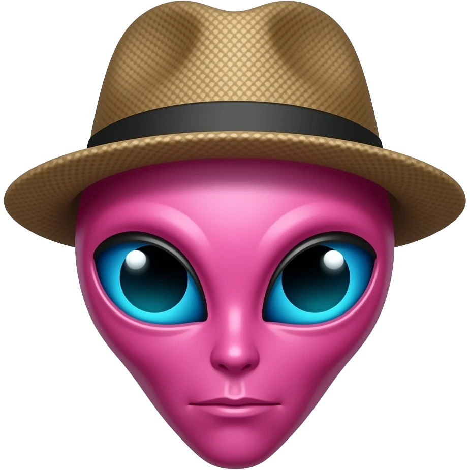 vibrant pink alien with blue big eyes wear hat emoji