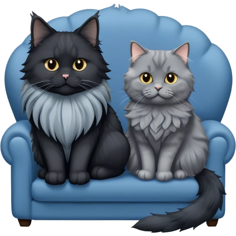 A large black smoke Maine Coon cat with long grey ear tufts and a fluffy grey ruff, sitting next to a chubby British Shorthair cat in blue color with plush fur, both sitting comfortably on a sofa. Beautiful room background with flowers and soft lighting. Transparent background. emoji