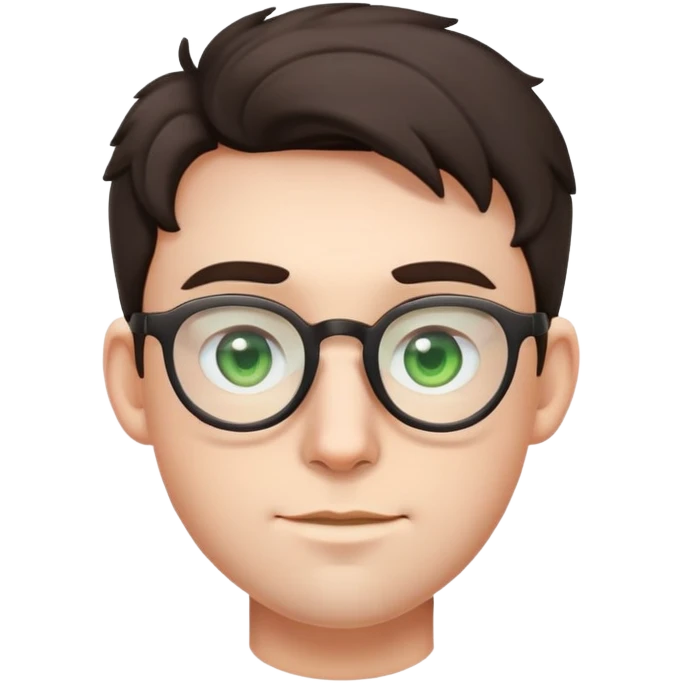 young male emoji with youthful face, poofier slightly curly dark hair, big ears, pale skin, glasses, green eyes set wider apart, very light stubble emoji