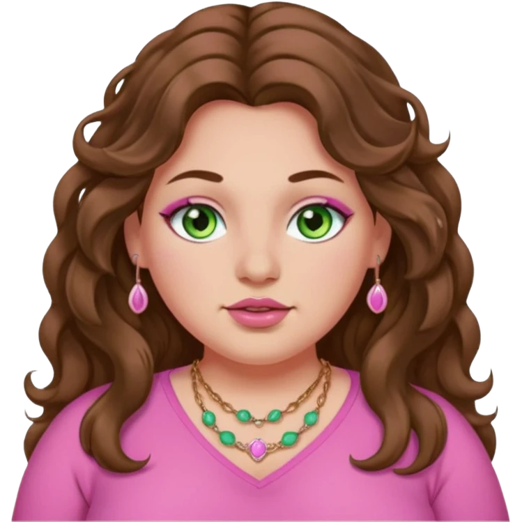 Brown wavy long hair, light green eyes, nose ring, plus size, pink girly emoji