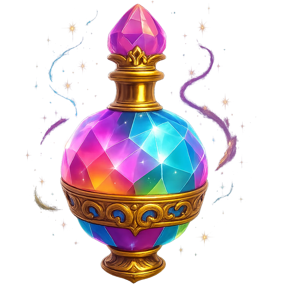 very luxurious crystal colorful chewing gum style elixir bottle, bright colors, lots of glow, edges, ornaments, golden details, magical effects, very small golden neck, transparent background, beautiful connected bottom, clearly floating in air, no base or shadow, premium class, playful, matching the collection emoji