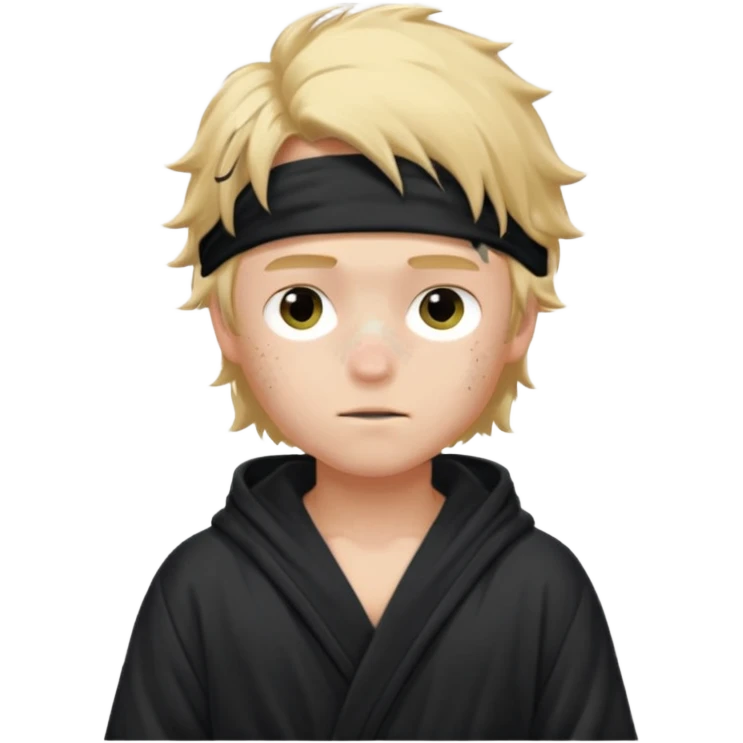Create a blond boy with long, messy hair, light eyes, a white t-shirt, rich, with long hair, blue eyes, medium-length, voluminous hair, wearing a black Nike bathrobe and a little blush near his nose. and with a balaclava like a ninja and with freckles emoji